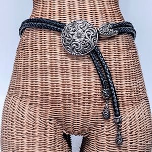 Chic Black Braided Belt with Ornate Silver Buckle